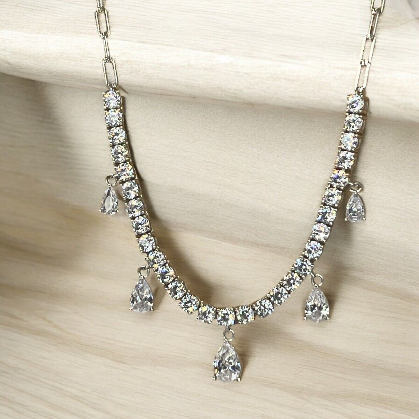 Sterling Silver Stunning CZ Collar Necklace Elegant Style Shiny Chic Dangle NWT