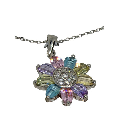 Sterling Silver Flower Pendant Necklace CZ Stunning Glitz Shiny Elegant Chic NWT