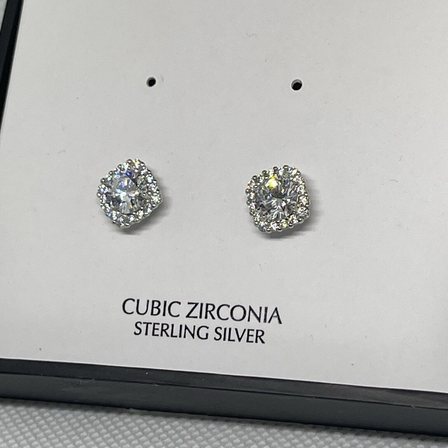 Sterling Silver Halo CZ Stud Earrings Glitz Fashion Chic Style Trendy Shiny NWT