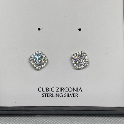 Sterling Silver Halo CZ Stud Earrings Glitz Fashion Chic Style Trendy Shiny NWT