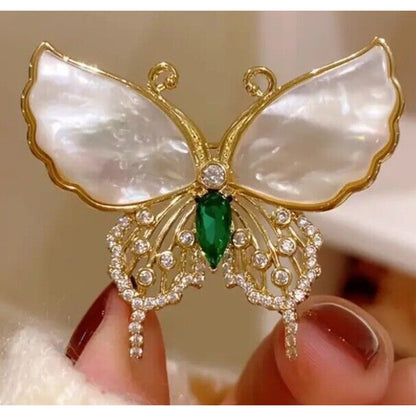 Gold Tone Faux Mother Of Pearl Butterfly Brooch Pin Crystal Chic Style Stunning