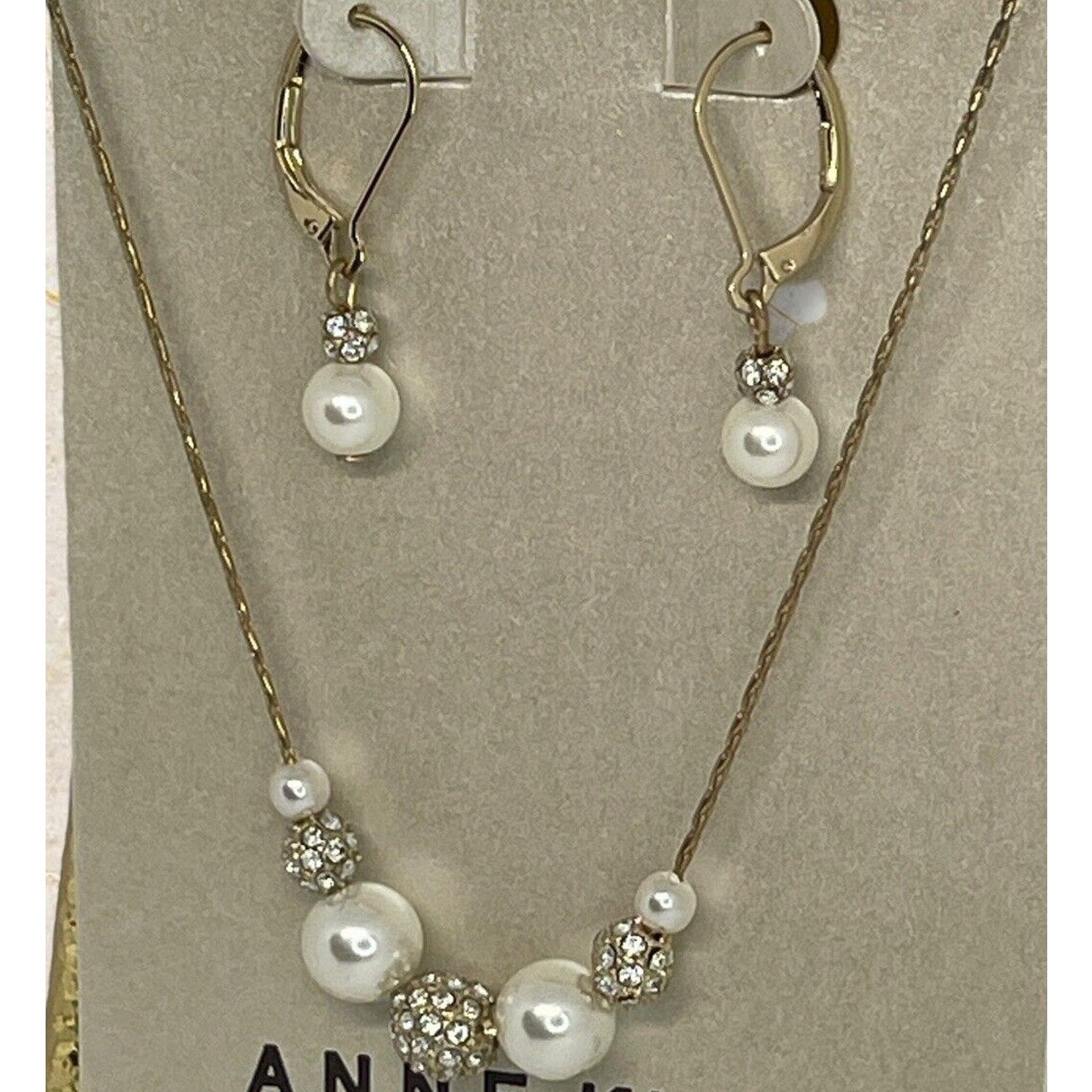 Anne Klein Intricate Faux Pearl Necklace Earrings 2 Pc Set Crystal Gold Tone NWT