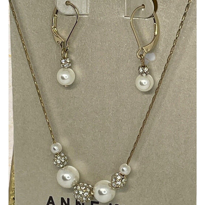 Anne Klein Intricate Faux Pearl Necklace Earrings 2 Pc Set Crystal Gold Tone NWT