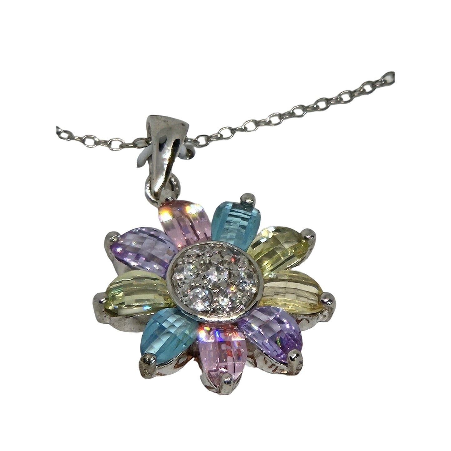 Sterling Silver Flower Pendant Necklace CZ Stunning Glitz Shiny Elegant Chic NWT