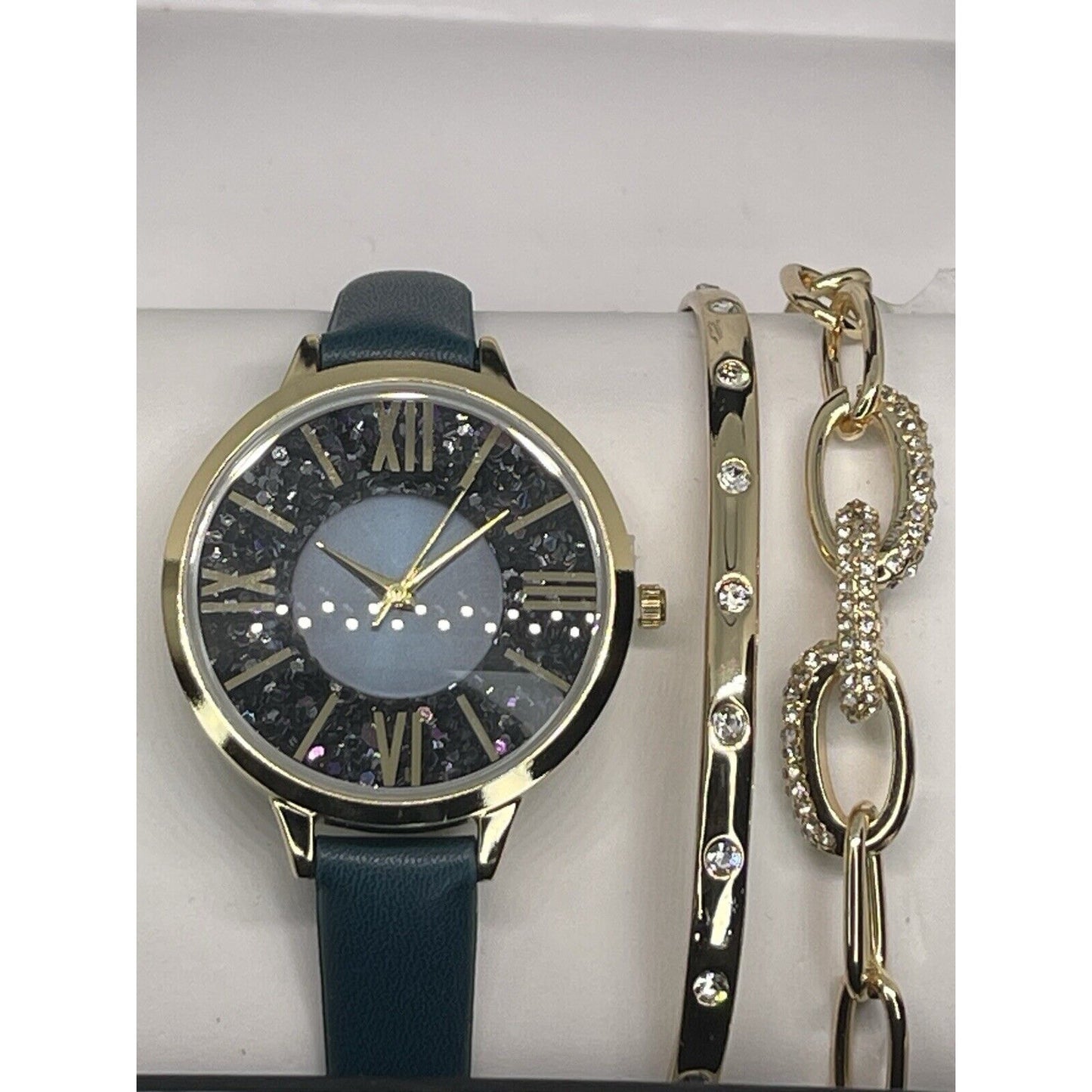 Gold Tone Faux Leather Watch Bracelet (3pc Set) Stunning Style Glitz Trendy Vday