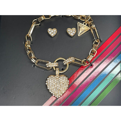 Guess Gold Tone Heart Charm Bracelet Earrings (3pc Set) Travel Case Trendy Vday