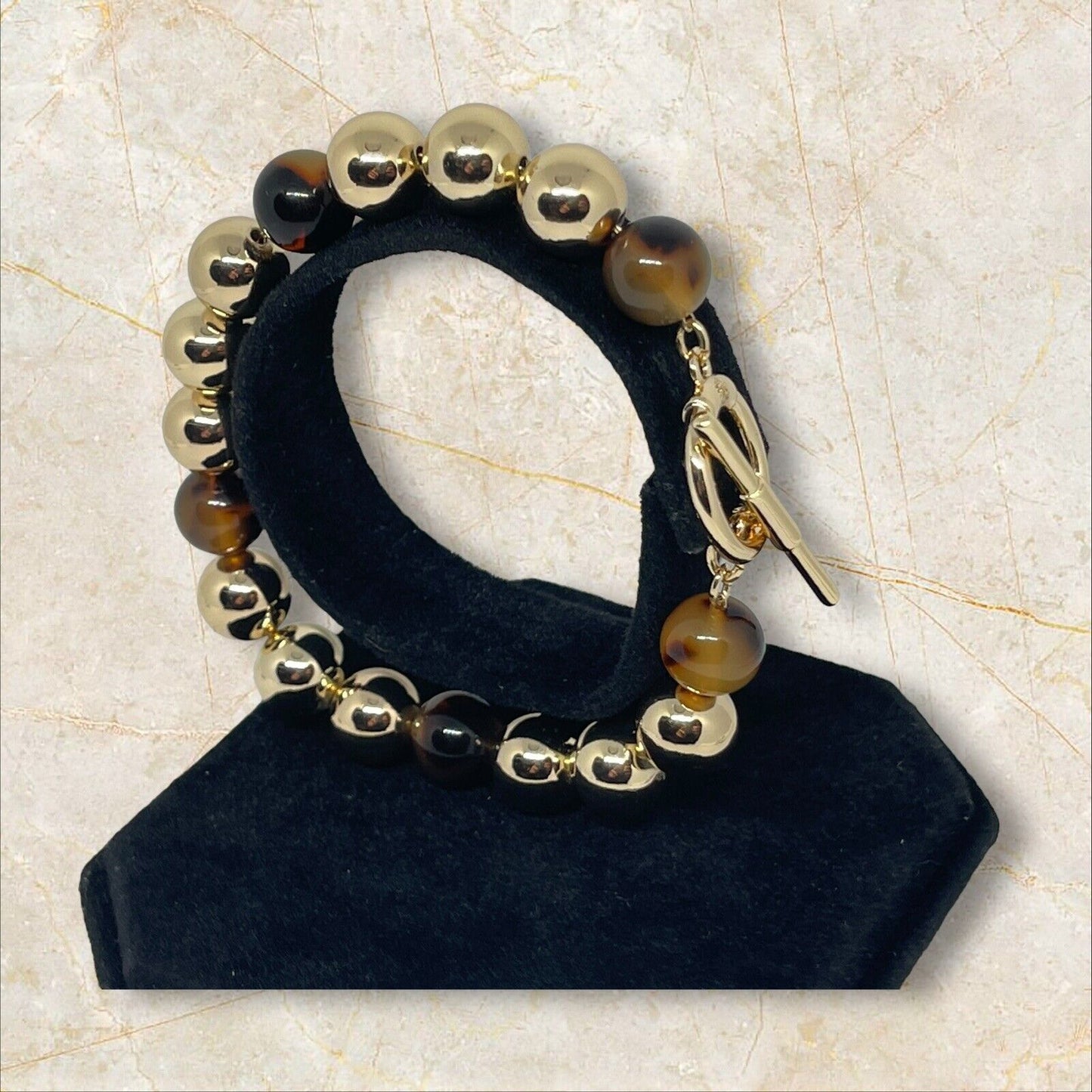 Ralph Lauren Gold Tone Tortoiseshell Bead Flex Bracelet Chic Trendy Fashion NWT