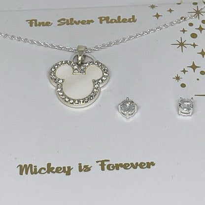 Disney Silver Plated Faux Pearl Necklace Earrings (2pc Set) Mickey Ears NWT Vday