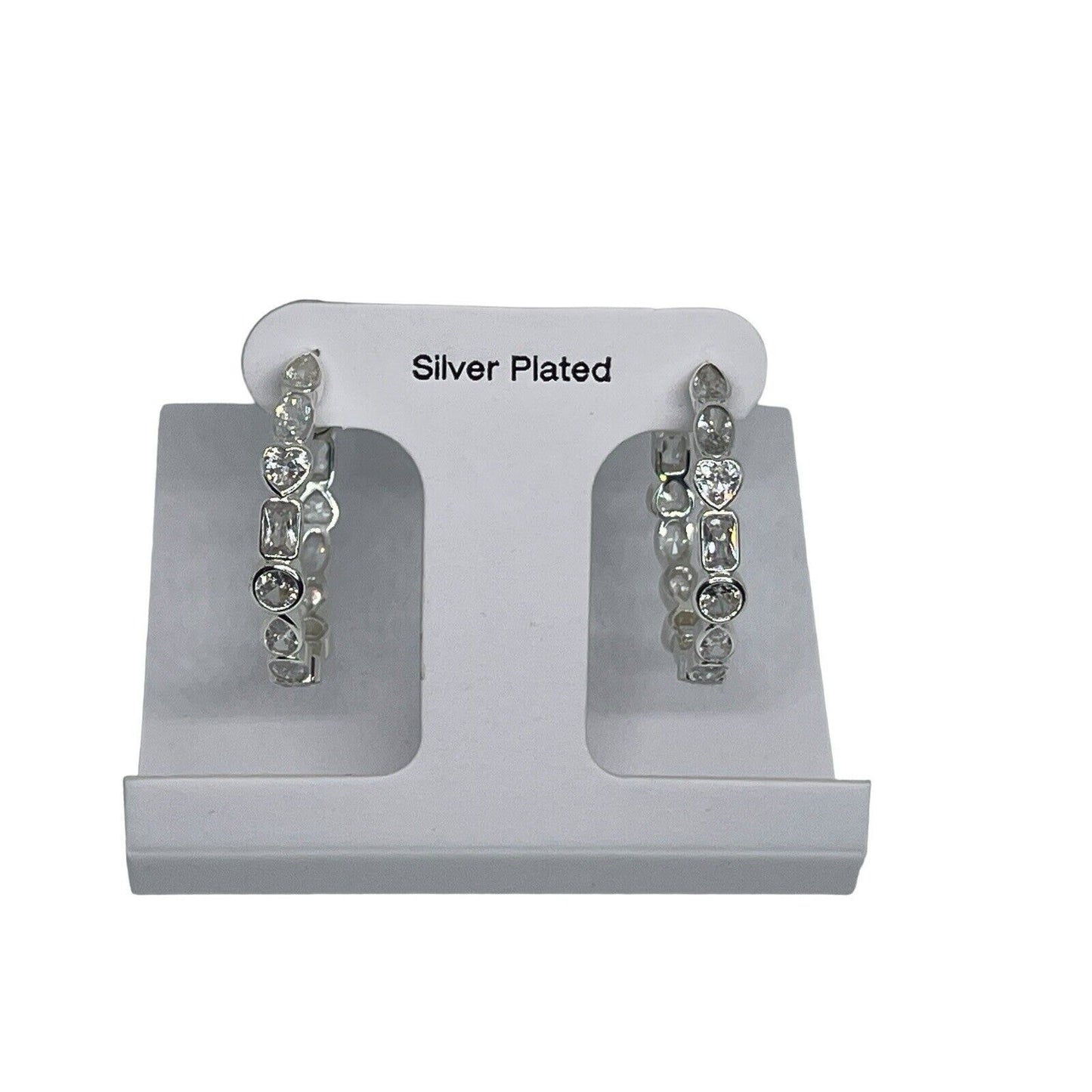 Silver Plated Crystal Heart Hoop Earrings Chic Fashion Style Stunning Trendy NWT