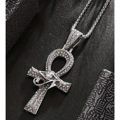 Silver Tone Crystal Cross Ahnk Pendant Necklace 23” Style Faith Bling Shiny NWT