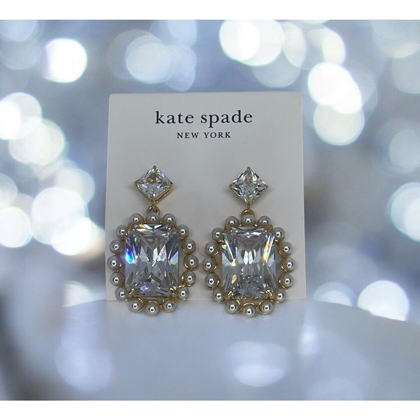 Kate Spade Faux Pearl Victoria Drop Halo Earrings Gold Tone CZ Chic Trendy Style