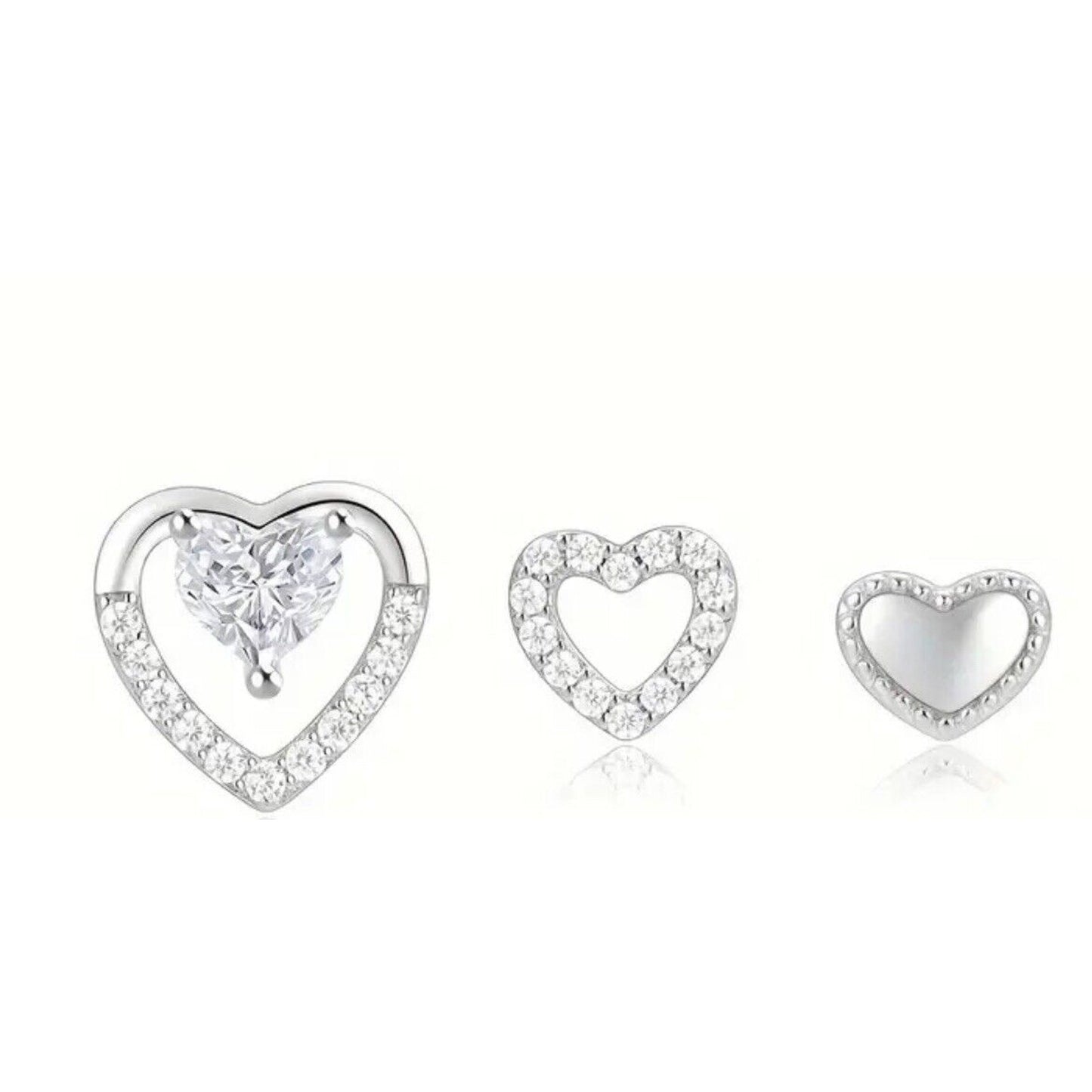 Silver Plated Crystal Heart Earrings (3pc Set) Chic Fashion Stunning Style Vday