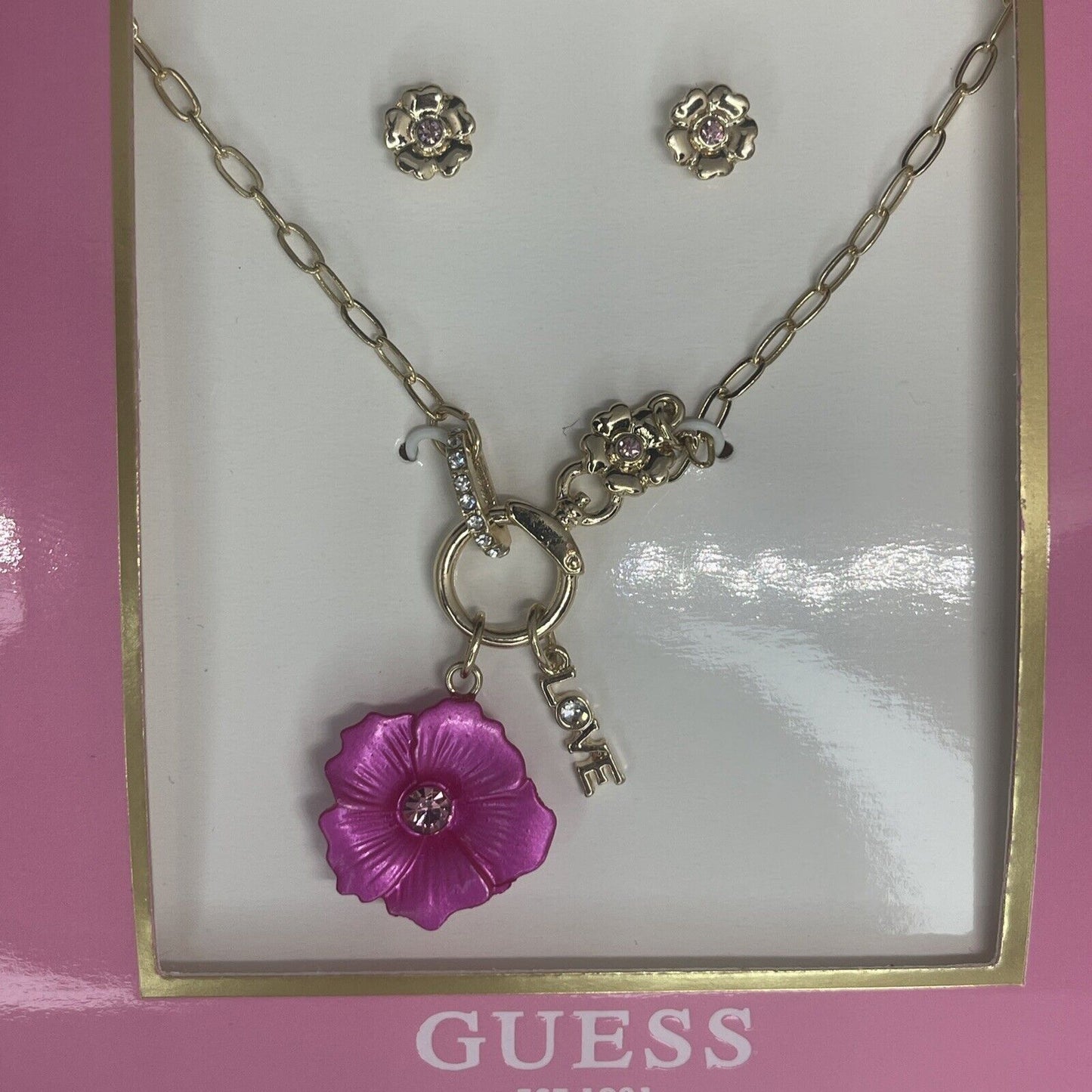 Guess Gold Tone Crystal Necklace Earrings (2pc Set) Floral Trendy Fashion Vday