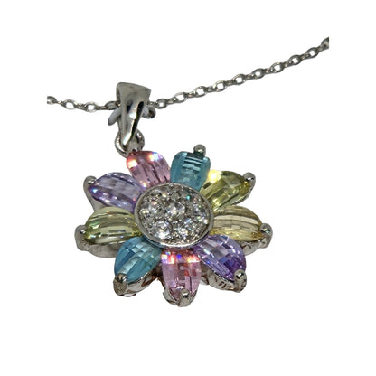 Sterling Silver Flower Pendant Necklace CZ Stunning Glitz Shiny Elegant Chic NWT