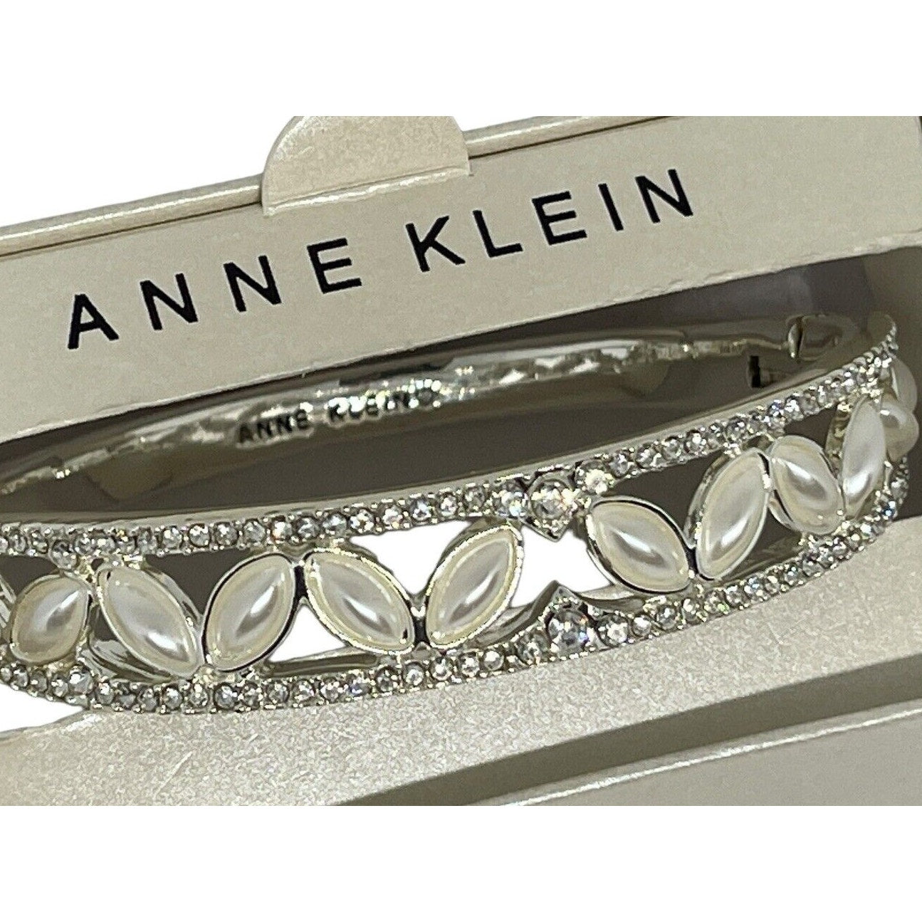 Anne Klein Silver Tone Faux Pearl Crystal Bangle Bracelet Open Work Elegant Chic