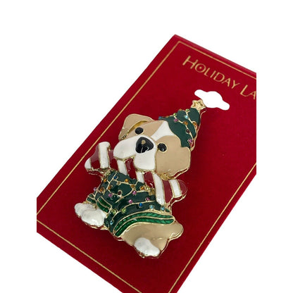 Gold Tone Puppy Xmas Tree Brooch Crystal Christmas Holiday Winter Fashion NWT