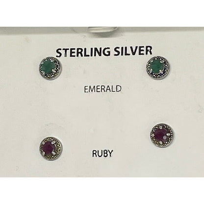 Natural Emerald (1/2 ct) & Ruby (5/8 ct) Earrings 2pc Set Sterling Silver Luxury