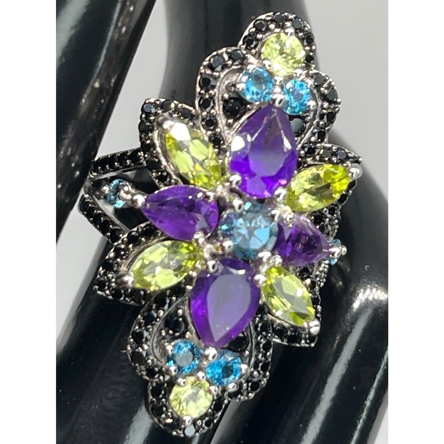 LUXY Gems Natural Topaz Amethyst Peridot Spinel Sterling Silver Ring Luxury Sz 7