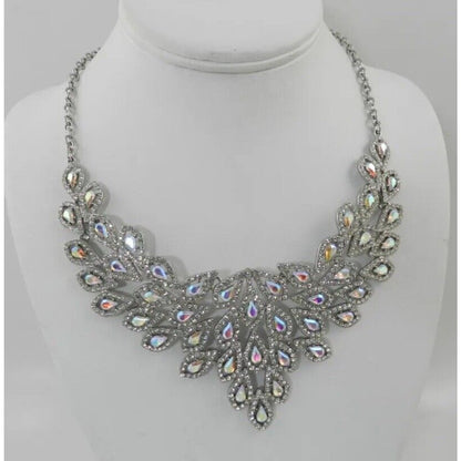 Silver Tone Crystal Teardrop Statement Necklace Stunning Elegant Glitz Intricate