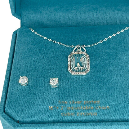 Silver Plated 'K' Initial Charm Necklace Earrings (2pc Set) Solitaire Stud Vday