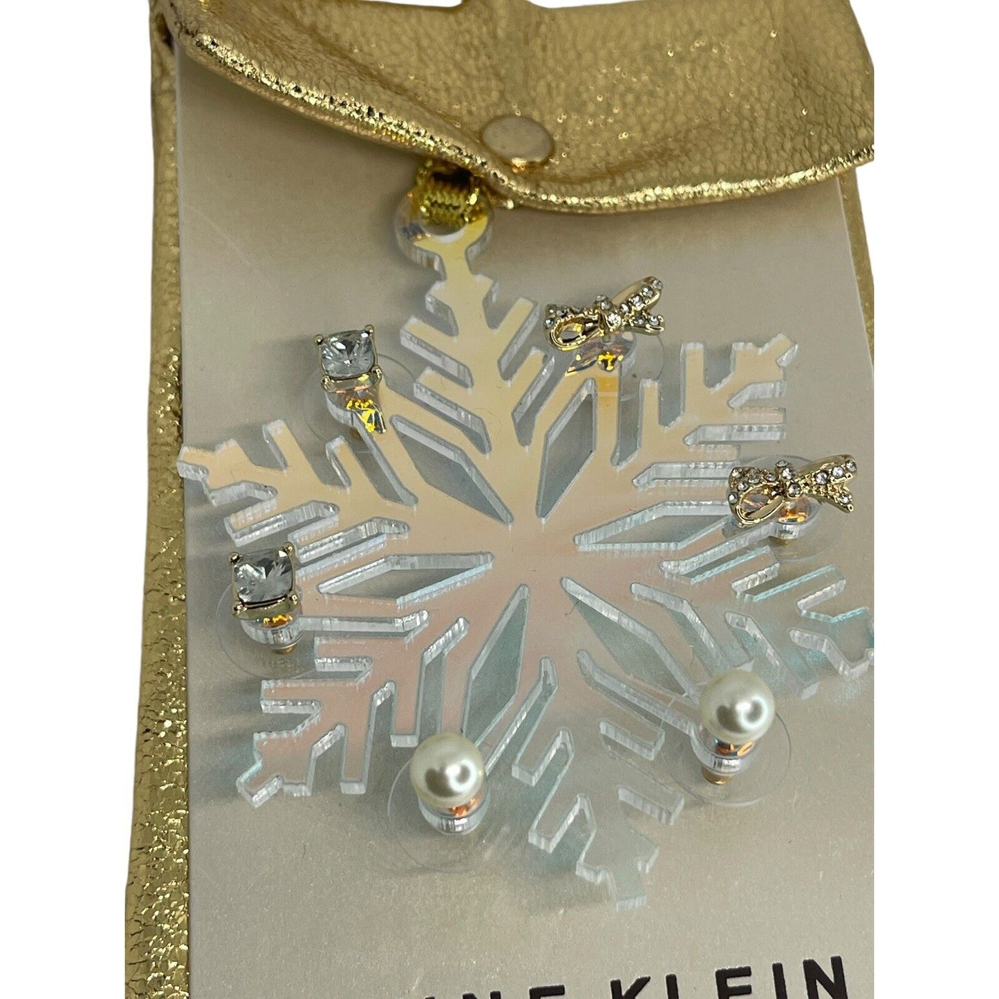 Anne Klein Xmas Gold Tone Earrings 3pc Set Snowflake Ornament Faux Pearl Bow NWT