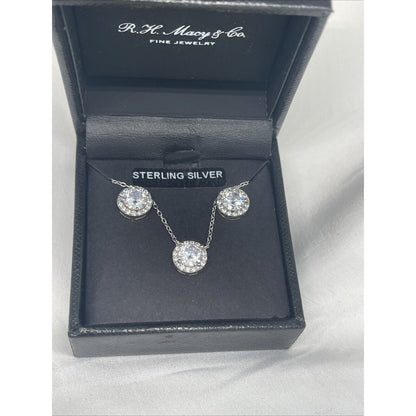 Sterling Silver CZ Halo Necklace Earrings (2pc Set) Stunning Chic Trendy Fashion