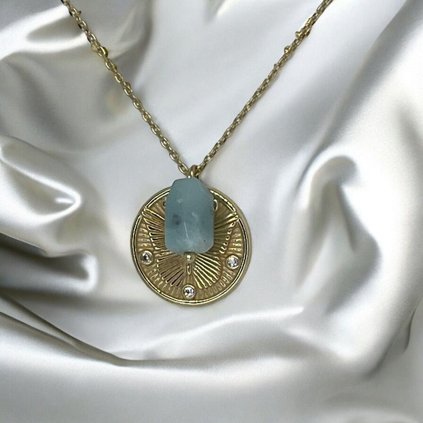 Unwritten Natural Amazonite 14K Gold Plated Necklace Butterfly Coin Pendant Chic